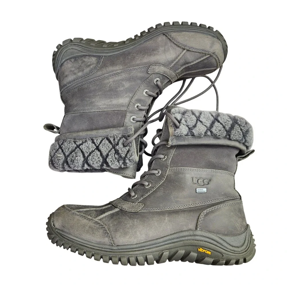 UGG Adirondack II Lux quilt Waterproof Winter Boots Charcoal Grey Leather  W10